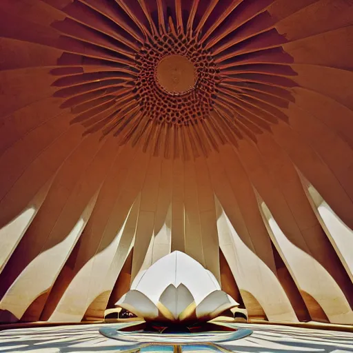 Image similar to interior of a futuristic lotus temple with gold, red and white marble panels, in the desert, by buckminster fuller and syd mead, intricate contemporary architecture, photo journalism, photography, cinematic, national geographic photoshoot