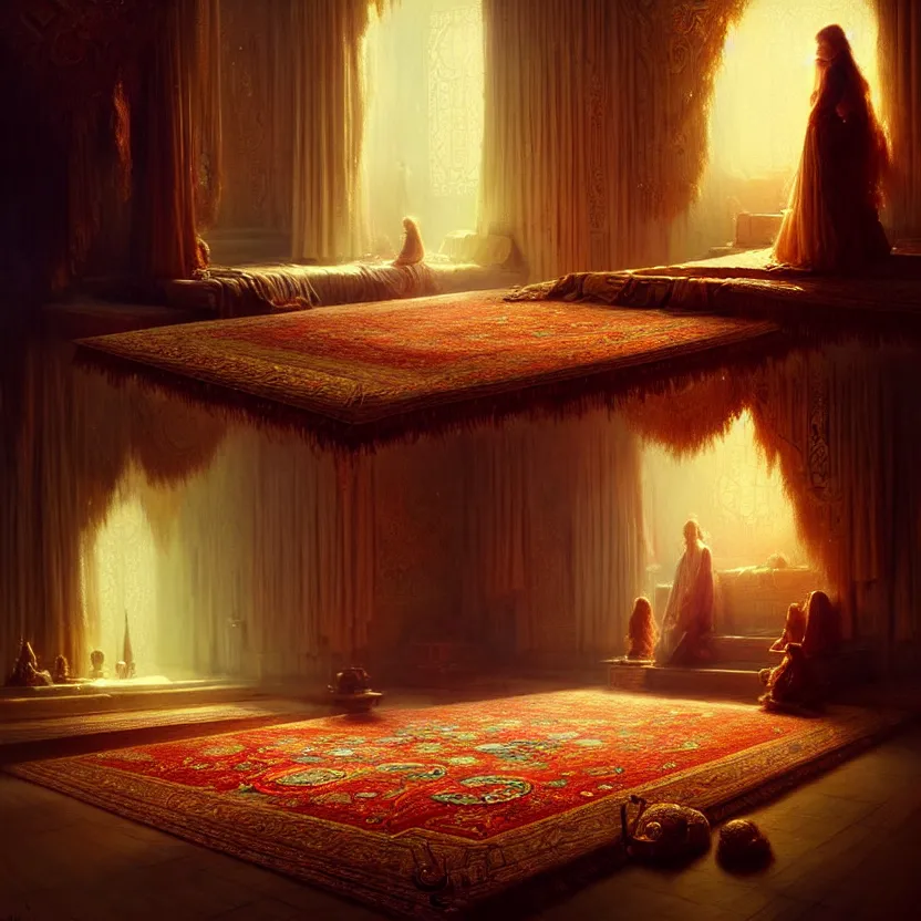 Image similar to magic fluffy Persian carpet dimension, by Greg Rutkowski and Gaston Bussiere, dim lighting, beautiful volumetric-lighting-style atmosphere, surreal atmosphere, intricate, detailed, photorealistic imagery, artstation