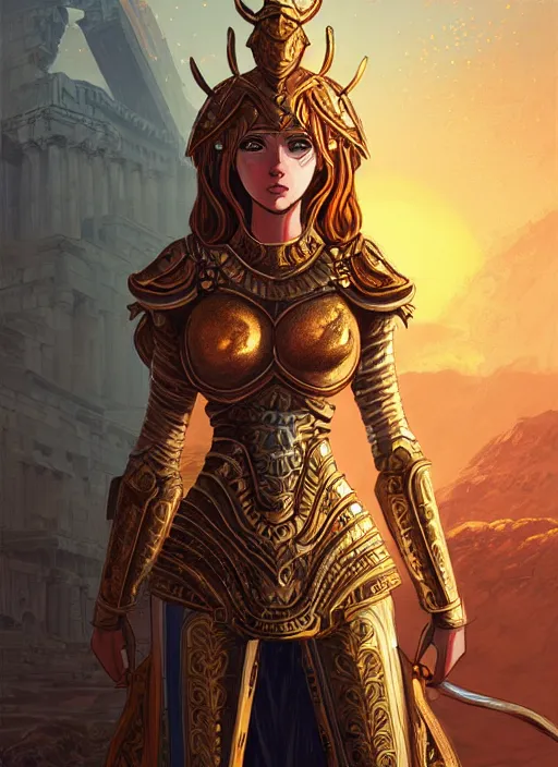 Image similar to portrait knights of zodiac girl, golden and copper shining armor, in ruined agora of athens sunrise, ssci - fi and fantasy, intricate and very very beautiful and elegant, highly detailed, digital painting, artstation, concept art, smooth and sharp focus, illustration, art by ilya kuvshinov and wlop and z - - ed and tian zi