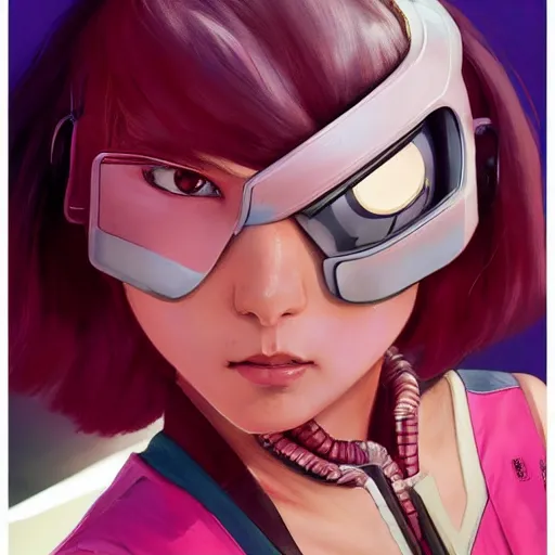 Prompt: vibrant face portrait of a cyberpunk ochaco uraraka with pink helmet on the art deco streets of the big city, 3 d anime, streetwear, award - winning realistic sci - fi concept art by jim burns and greg rutkowski, picasso, beksinski, masterpiece, complimentary colors, james gilleard, bruegel, alphonse mucha, and yoshitaka amano