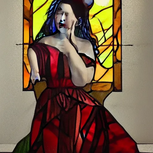 Prompt: “beautiful woman wearing stained glass dress, oil painting”