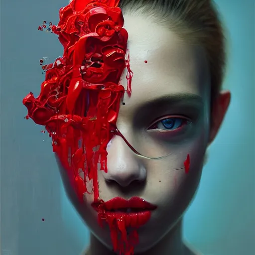 Image similar to 3 d, fashion models looks into the frame, red tears, intricate oil painting, high detail, figurative art, multiple exposure, poster art, 3 d, by tooth wu and wlop and beeple