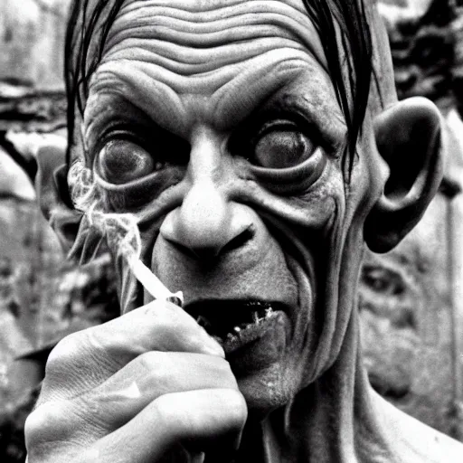 Image similar to gollum with cigarette selfie