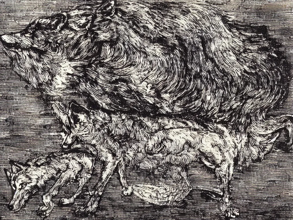 Image similar to wolf in heavy rainstorm. woodcut by albrecht durer, salvador dali