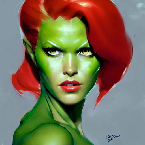 Image similar to Greg Manchess portrait painting of Poison Ivy as Overwatch character, medium shot, asymmetrical, profile picture, Organic Painting, sunny day, Matte Painting, bold shapes, hard edges, street art, trending on artstation, by Huang Guangjian and Gil Elvgren and Sachin Teng