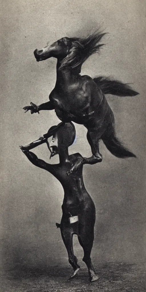 Prompt: [ [ t rex ] ] and a horse with high heels, movement, soft, black and white, photograph, 1 8 5 0 s