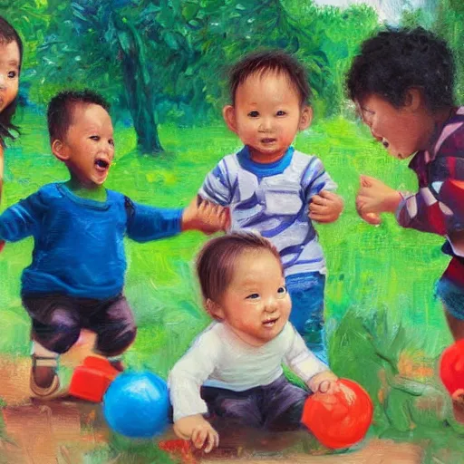 Image similar to an ethnically diverse group of toddlers. white. asian. hispanic. african. playing on a playground. oil on canvas exquisite. smooth. sharp focus. award winning. 8 k