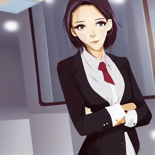 Prompt: a girl wearing a business suit, she is near a swimming pool, anime art, digital painting, smooth, hd, elegant