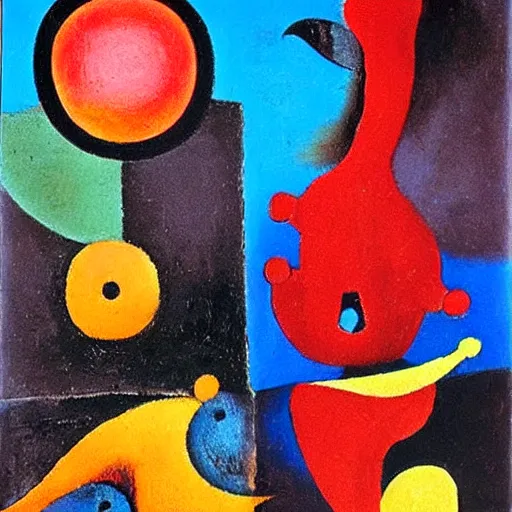 Image similar to Oil painting by Rufino Tamayo. Mechanical gods with bird faces kissing. Oil painting by Joan Miro.