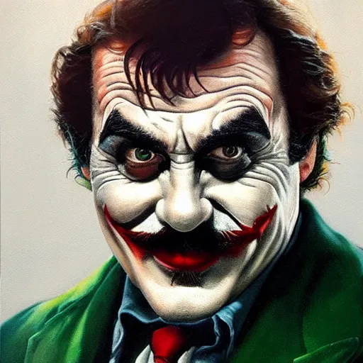 Image similar to ultra realistic portrait painting of tom selleck as the joker, art by frank frazetta, 4 k, ultra realistic, highly detailed, epic lighting