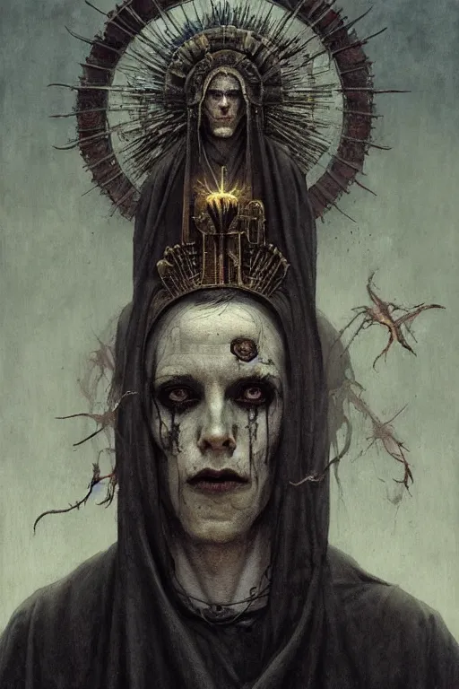 Prompt: a painting of a portrait of the high pontifex of pain with a halo on his head, golden halo, a detailed painting by santiago caruso, official art by greg rutkowski, a character portrait by seb mckinnon,, gothic art, apocalypse art, antichrist, grotesque, elder, skin, gouache, sinew, artstation