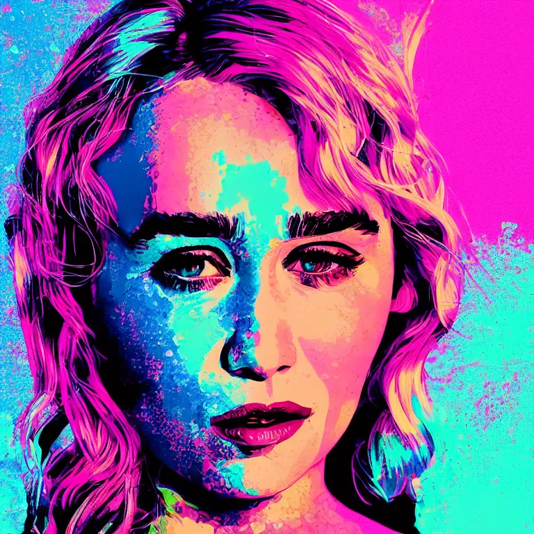 Image similar to Pop-art portrait of Emilia Clarke in style of glitchcore, photorealism