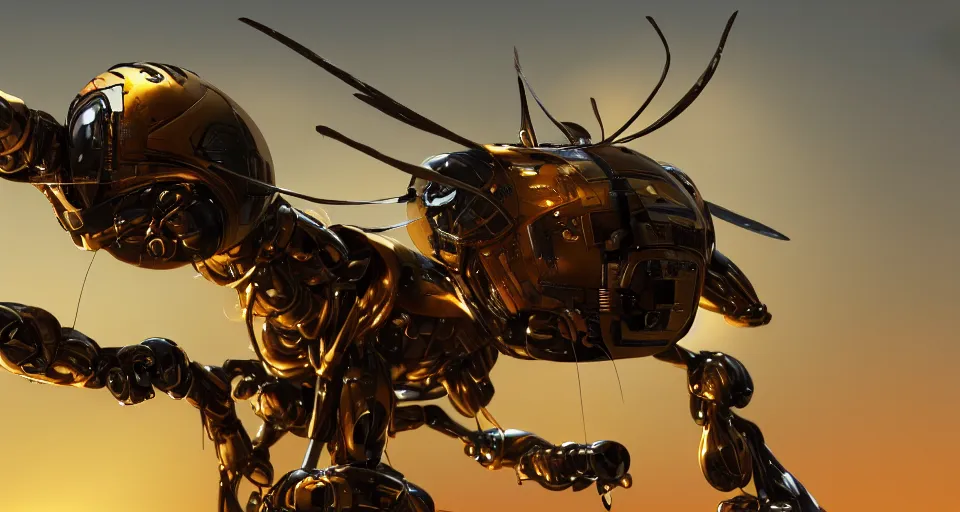 Image similar to insect robot, hyperdetailed, artstation, cgsociety, golden hour 8k