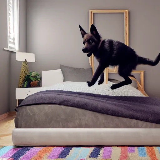 Image similar to in my bedroom my gsd puppy gets the zoomies and jumps around on the bed that has a color comforter, high energy, frenetic craziness, running, jumping, chasing, 3 d octane render, imax 7 0 mm, rtx,