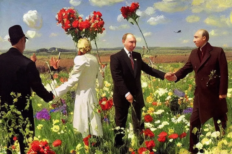 Image similar to vladimir putin greeting ufo with flowers, john singer sargent