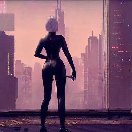 Prompt: new york city portrait of 2B nier automata wearing skin tight clothes muzzle gloomy rainy screenshot from the video game cyberpunk 2077 digital art by Greg Rutkowski, Simon Stalenhag, christopher nolan trending on Artstation, CGSociety