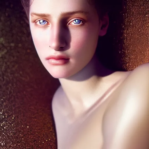 Image similar to photographic portrait of a stunningly beautiful renaissance female with pearlescent skin, white irises and dark eye makeup, in soft dreamy light at sunset, god rays, contemporary fashion shoot, by edward robert hughes, annie leibovitz and steve mccurry, david lazar, jimmy nelsson, extremely detailed, hyperrealistic, perfect face, octane render