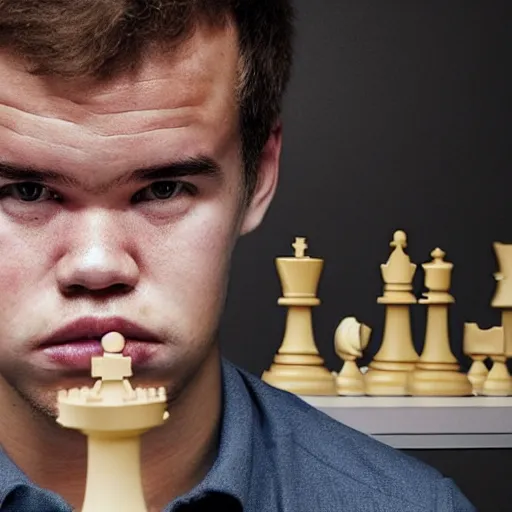 Prompt: magnus carlsen with a chess - board painted in his face