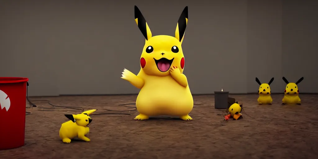 Image similar to pikachu devouring a dog sharp teeth burtal eyes scary mouth dark room red candles trash bin octane unreal engine render 8k photorealistic extreme detail textured