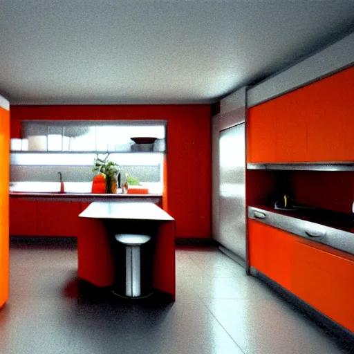 Image similar to 1970's futurist interior kitchen, furnished by aero aarino, primary colors are white, orange, yellow, and red unreal engine 8k resolution