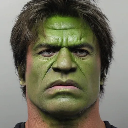 Prompt: mugshot of the incredible hulk, deeo shadows, highlights, unkempt appearance, green skin