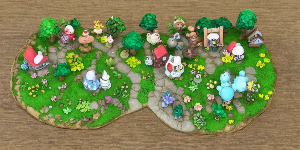 Image similar to small garden village dioarama, polymer clay, cottagecore, animal crossing, stardew valley, moss, village, plants, cute, friendly, studio ghibli