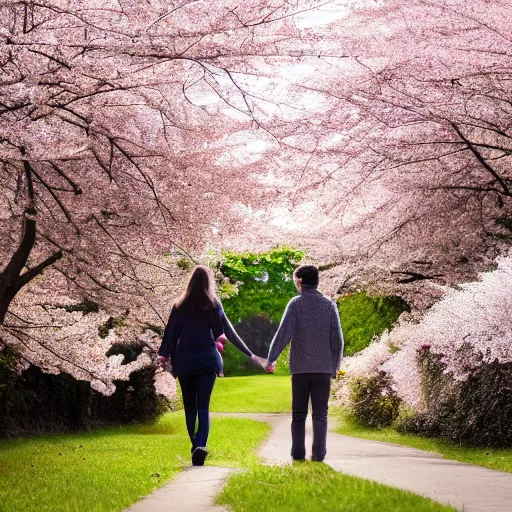 Image similar to a young man and young lady walking hand in hand with their backs turned away from the camera lens, surrounded by cherry blossom trees