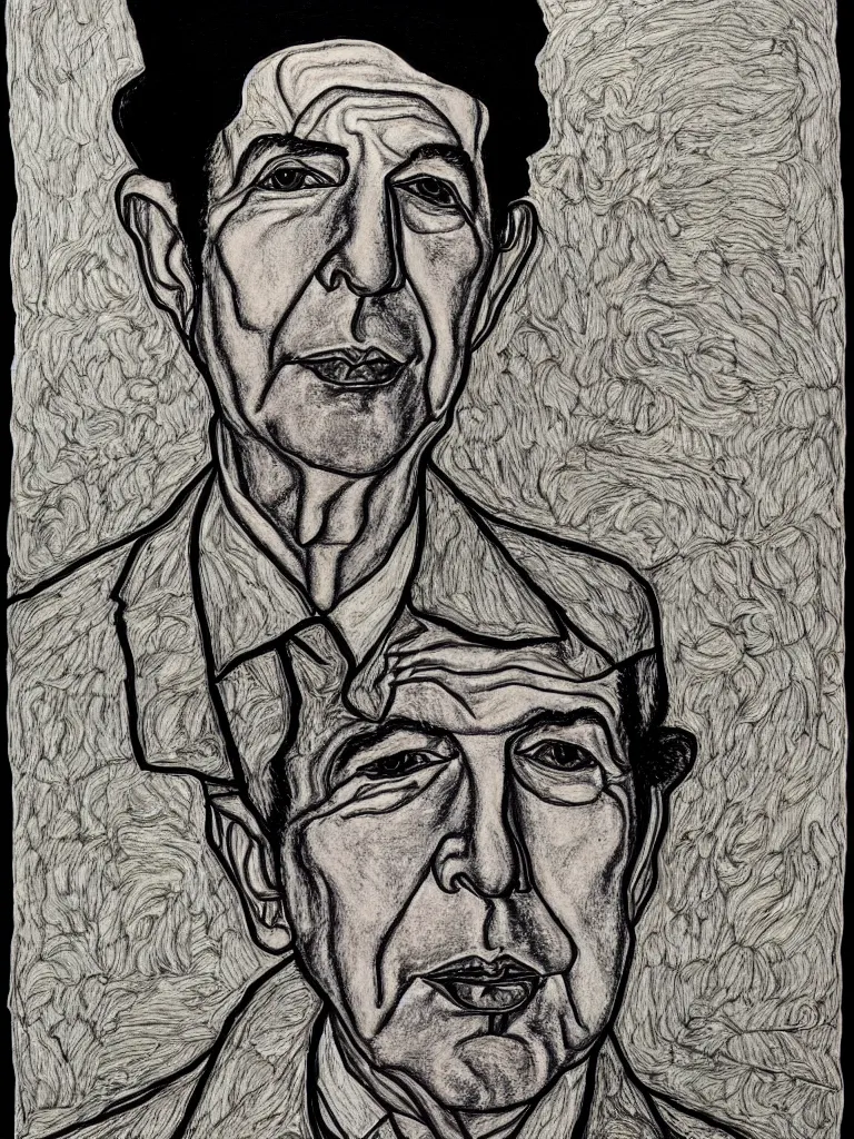 Image similar to a detailed line art portrait of writer leonard cohen, inspired by the work of egon schiele.