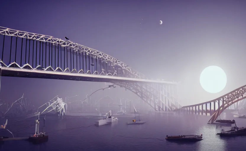 Prompt: a big harbour bridge collapses after explosions in the form of white cotton plants, 3 d octane render, epic lighting, 8 k, by goro fujita