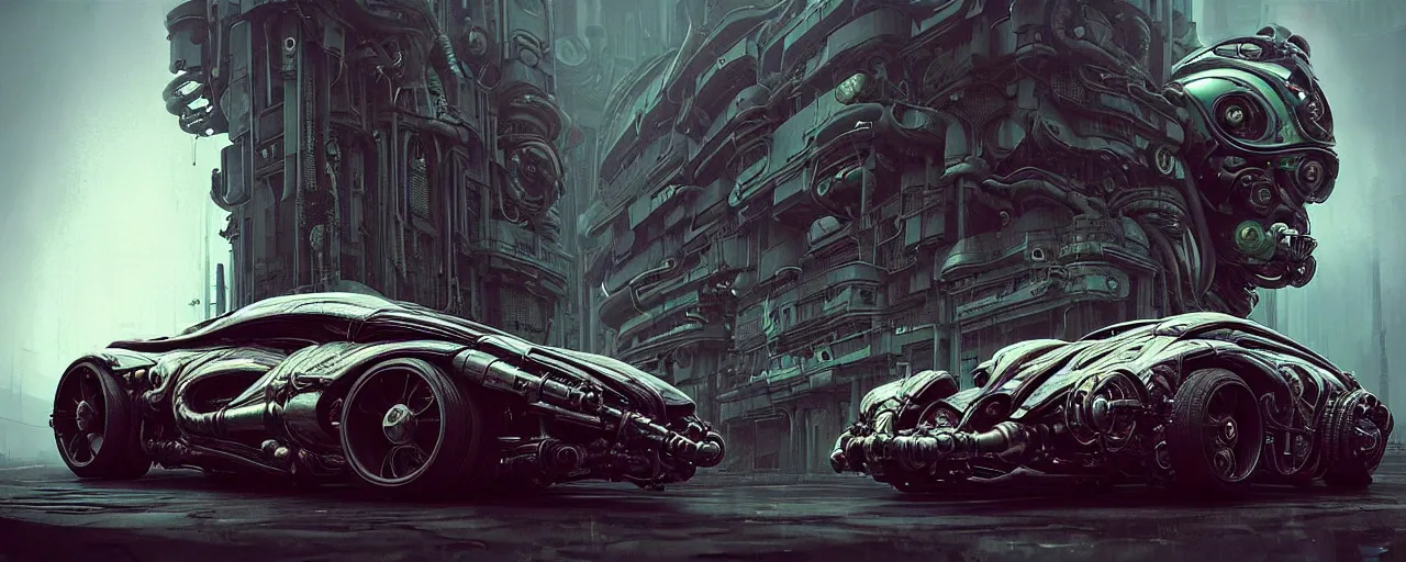 Image similar to shiny cyberpunk vehicle reminiscent of fast car with robotic enhancements parked in ancient mystic woods, gothic and baroque, brutalist architecture, ultradetailed, creepy ambiance, fog, artgerm, giger, Intricate by Ellen Jewett and Josan Gonzalez and Giuseppe Arcimboldo