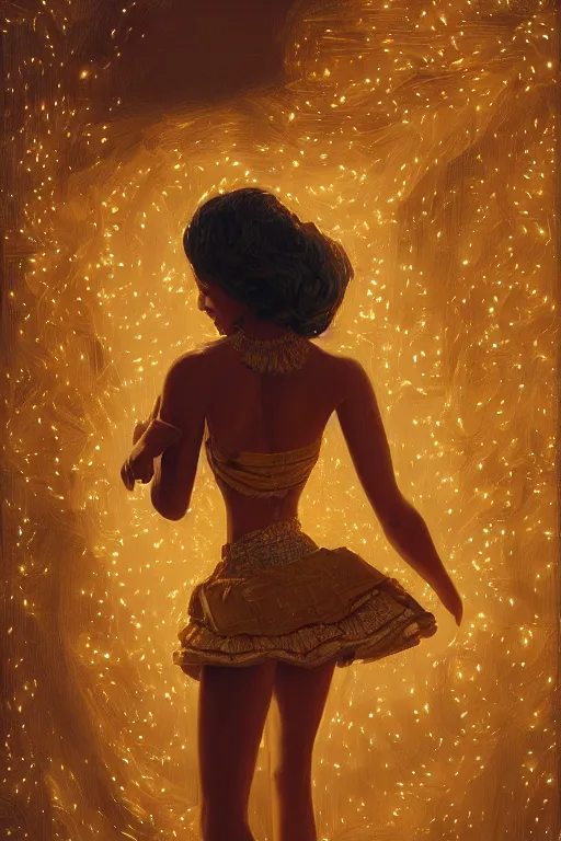 Image similar to portrait of cuban woman with skirt made out of bananas, dancing, intricate, elegant, glowing lights, highly detailed, digital painting, artstation, sharp focus, illustration, art by wlop, mars ravelo and greg rutkowski