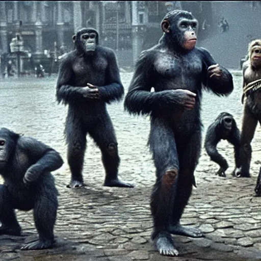 Prompt: still of planet of the apes 1 9 6 8, in cibeles, madrid city