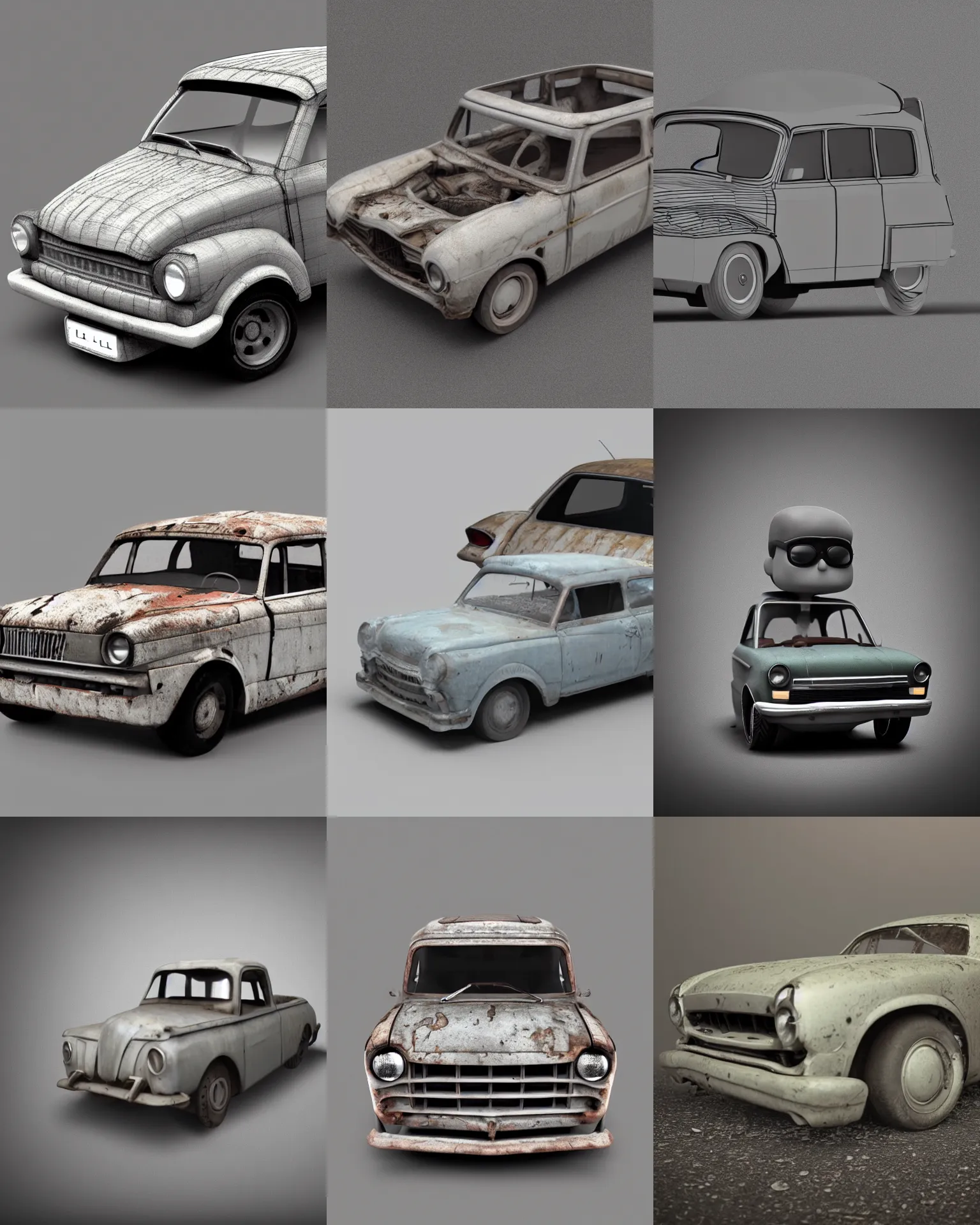 Prompt: full body 3 d render of an old, abandoned car as a funko pop!, studio lighting, grey background, single body, no shadow, blender, trending on artstation, 8 k, highly detailed