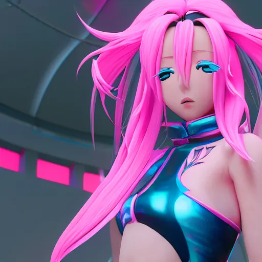 Image similar to extremely bright symmetrical image, taken from an extremely low angle at her feet, stunningly beautiful omnipotent anime goddess with pink hair and mesmerizing cyan eyes, unreal engine 5, 8 k