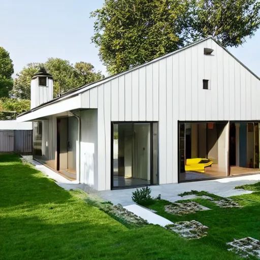 Image similar to Modern gable roofed Farmhouses compound, garden, white block fence,