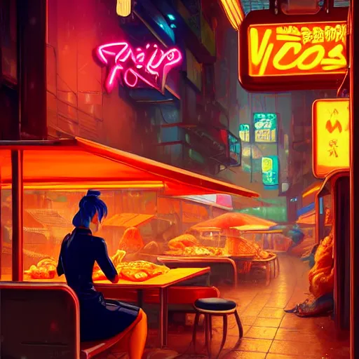 Image similar to splash art of anthropomorphic female vulpes vulpes fulva woman sitting at a noodle stand eating noodles in the crowded street of a cyberpunk city, rain, harsh neon lighting, realistic ultra detailed : by weta, greg rutkowski, wlop, ilya kuvshinov, rossdraws, artgerm, octane render, liosh, mucha