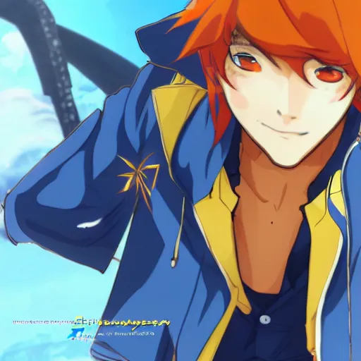 Prompt: 1 7 - year - old orange - gold haired anime boy wearing blue jacket, spiky hair, action pose, subsurface scattering, intricate details, art by toei, art by studio gainax, studio trigger art