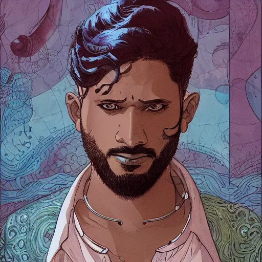 Prompt: a study of cell shaded portrait of a Handsome Indian man with turnban concept art, llustration, post grunge, concept art by josan gonzales and wlop, by james jean, Victo ngai, David Rubín, Mike Mignola, Laurie Greasley, highly detailed, sharp focus, alien, Trending on Artstation, HQ, deviantart, art by artgem