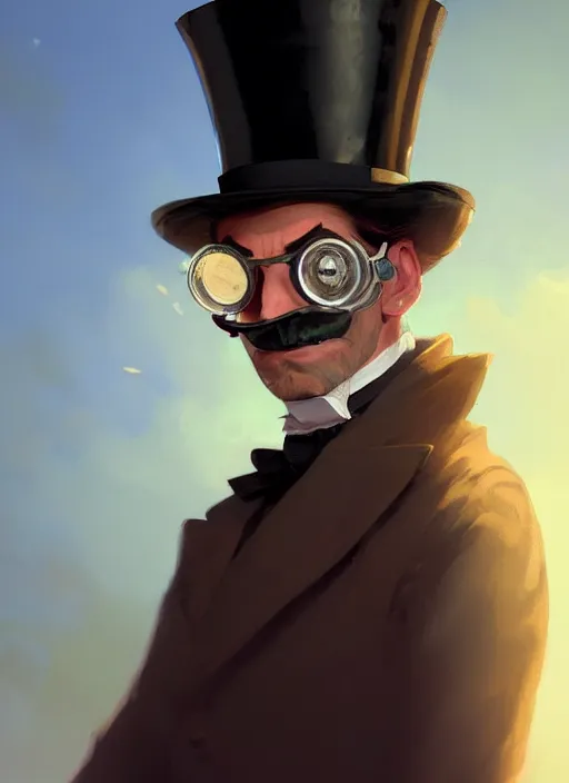 Image similar to highly detailed portrait of jack the ripper wearing goggles and a top hat, stephen bliss, unreal engine, greg rutkowski, loish, rhads, beeple, makoto shinkai and lois van baarle, ilya kuvshinov, rossdraws, tom bagshaw, tom whalen, alphonse mucha, global illumination, god rays, detailed and intricate environment