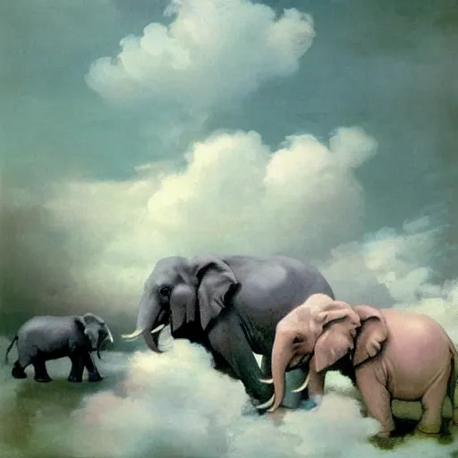 Prompt: “falling asleep with cute elephants made from clouds, illustration, detailed, smooth, pink white and green, by Adolf lachman, bob ross, Goya,”