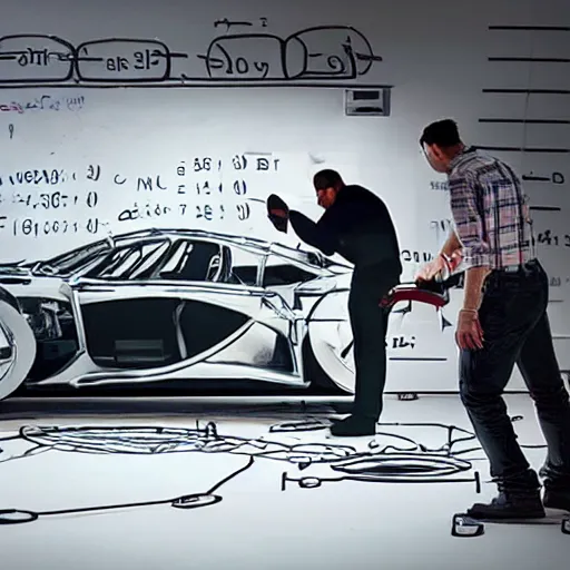 Image similar to a photo of Two car technicians fixing a futuristic car in a futuristic workshop , a blackboard covered with mathematical equations in the background, photo realistic, extremely detailed
