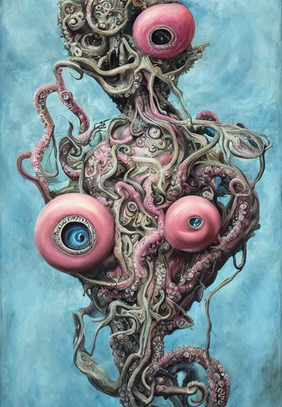 Prompt: a biomorphic painting of a vase with flowers and eyeballs, surrealist painting by marco mazzoni, by dorothea tanning, pastel blues and pinks, tentacles, melting, plastic, skull, featured on artstation, metaphysical painting, oil on canvas, fluid acrylic pour art, airbrush art, seapunk, rococo, lovecraftian