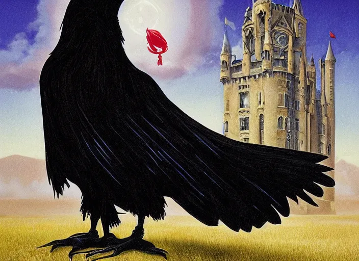 Image similar to portrait of a raven in a vantablack cloak and holding a symbolic weapon. art in the style of symbolism art style portrait hung up in a windows 9 8 castle. r / oldschoolfantasy