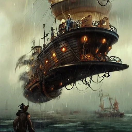 Prompt: johnny bravo steampunk pirate captain on an airship in a rainstorm, painted by seb mckinnon, high detail, digital art, painted by greg rutkowski, trending on artstation