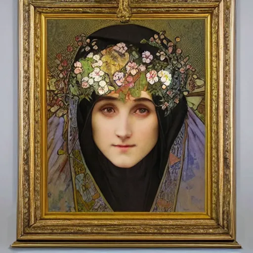 Image similar to a Masterpieces portrait of A nun covered in flowers radiates holy light in the church in the style of Alphonse Mucha,Realistic style,oil on canvas