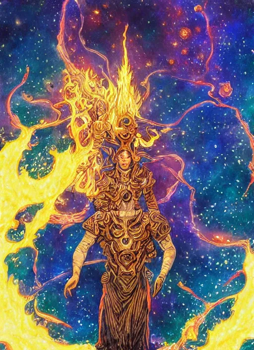 Image similar to high intricate colored ink drawing of the sandman holding a glimmering fire - galaxy, full shot, neil gaiman, maria panfilova, andrea savchenko, mike kime, ludovic plouffe, qi sheng luo, oliver cook, julian calle, eddie mendoza, trending on artstation