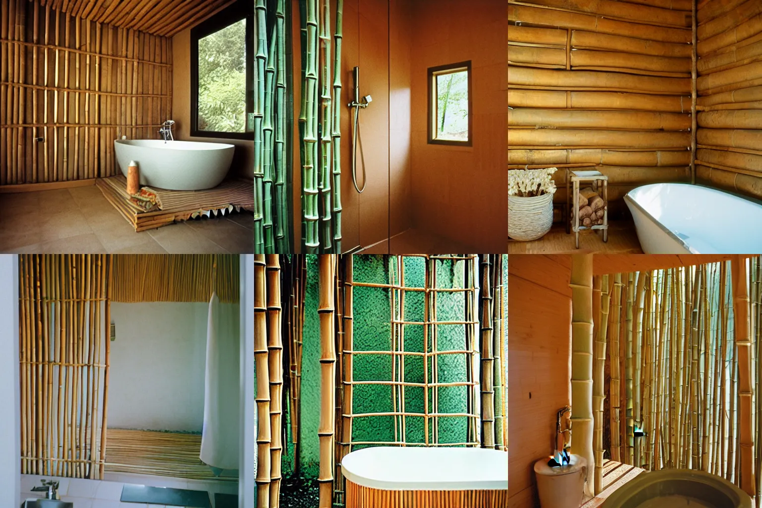 Prompt: our bathroom made of bamboo and aluminum, Kodak Portra 1992