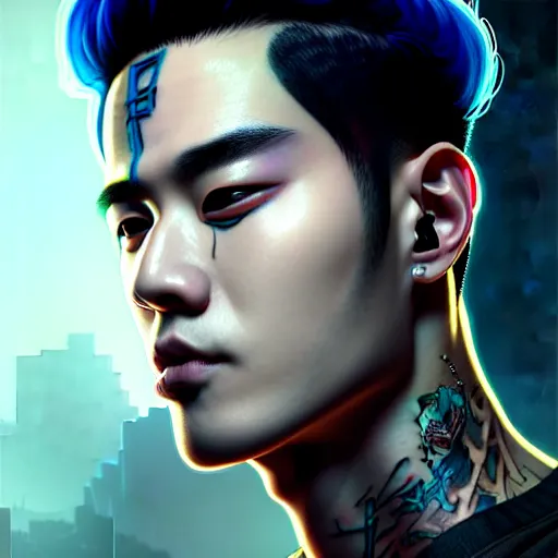 Prompt: portrait painting of a cyberpunk jackson wang with a z tattooed on his forehead, from got 7, ultra realistic, concept art, intricate details, eerie, highly detailed, photorealistic, octane render, 8 k, unreal engine. art by artgerm and greg rutkowski and magali villeneuve and alphonse mucha