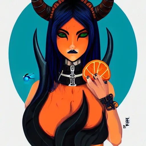 Image similar to illustrated portrait of ram-horned devil woman with blue bob hairstyle and colored orange skin tone and with solid black eyes and black sclera wearing leather by rossdraws