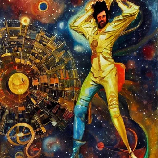 Prompt: portrait of Space Dandy a Dandy Guy in Space wearing an enchanted starbelt whilst brandishing a crossbow jonas de ro tony sart howard pyle alexander benois mikhail vrubel acrylic artwork